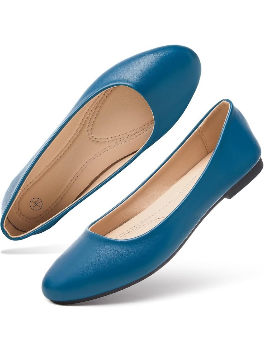Women's Blue Comfortable PU Leather Round Toe Solid Slip on Ballet Flat Shoes